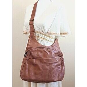 VTG Giudi Tuscany Lg Caramel Brown Leather Crossbody Made in Italy Zip Pockets